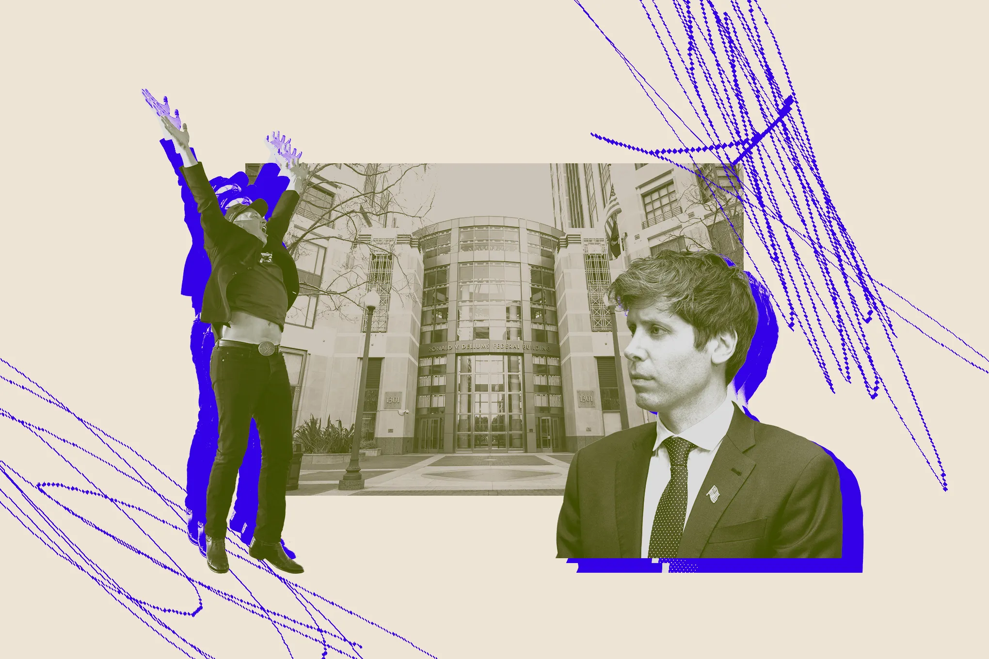 Elon Musk is jumping in front of a courthouse while Sam Altman looks puzzled