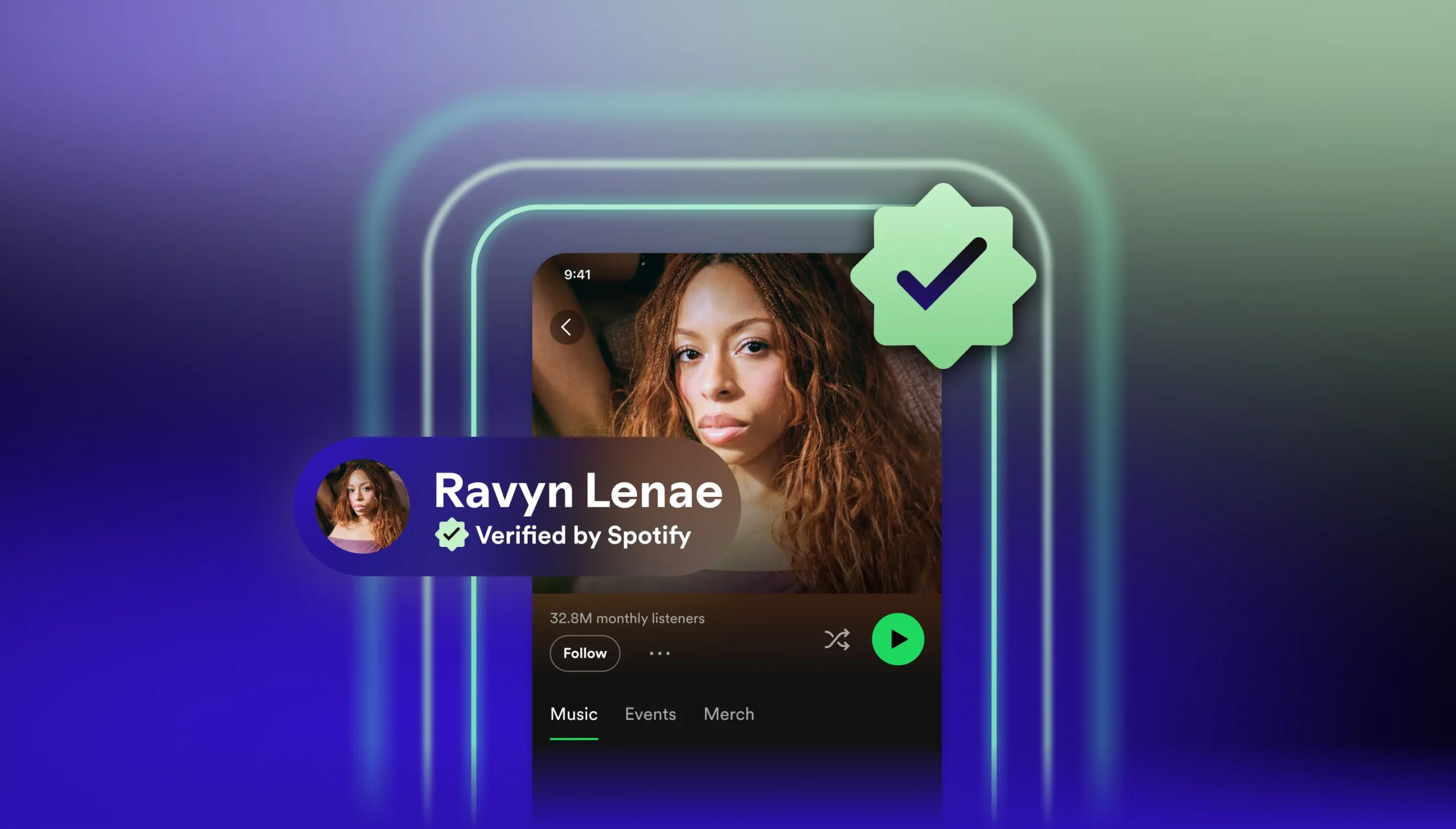 Illustration showing off Verified by Spotify badge on Ravyn Lenae’s profile.