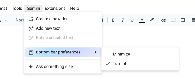 Screenshot of Gemini menu with bottom bar preferences