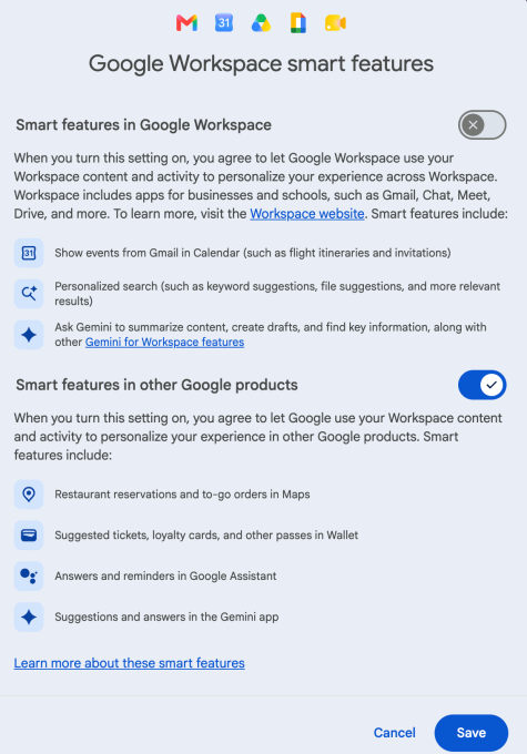 Screenshot of Gmail settings showing smart features options