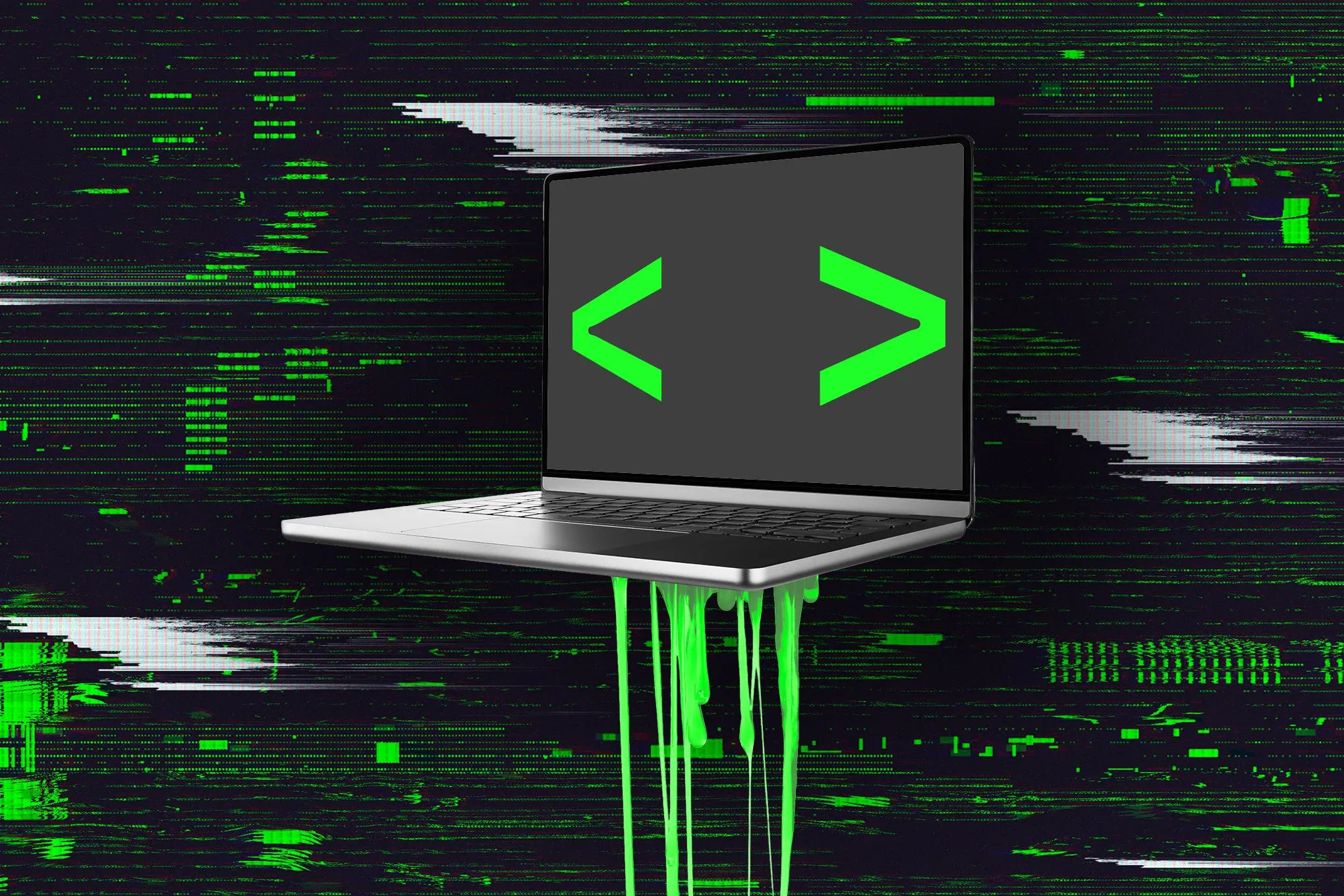 An illustration of a laptop coding in front of green code and it's melting